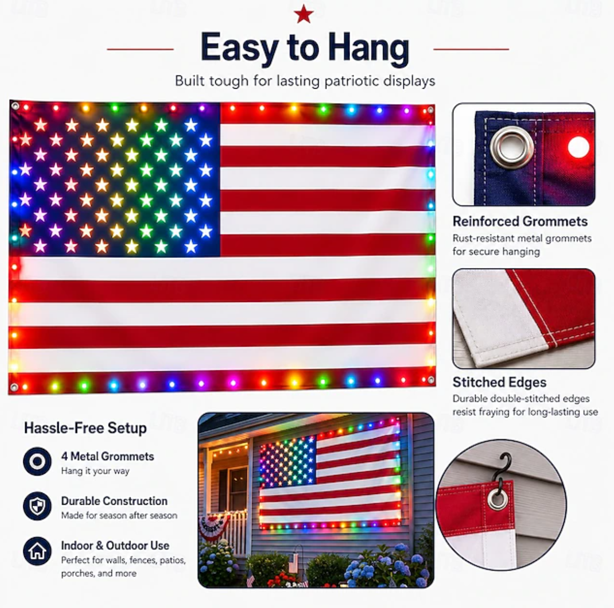 🔥75% Off Sale  American Flag Lights Outdoor, USA Flag With 98 Bright Leds