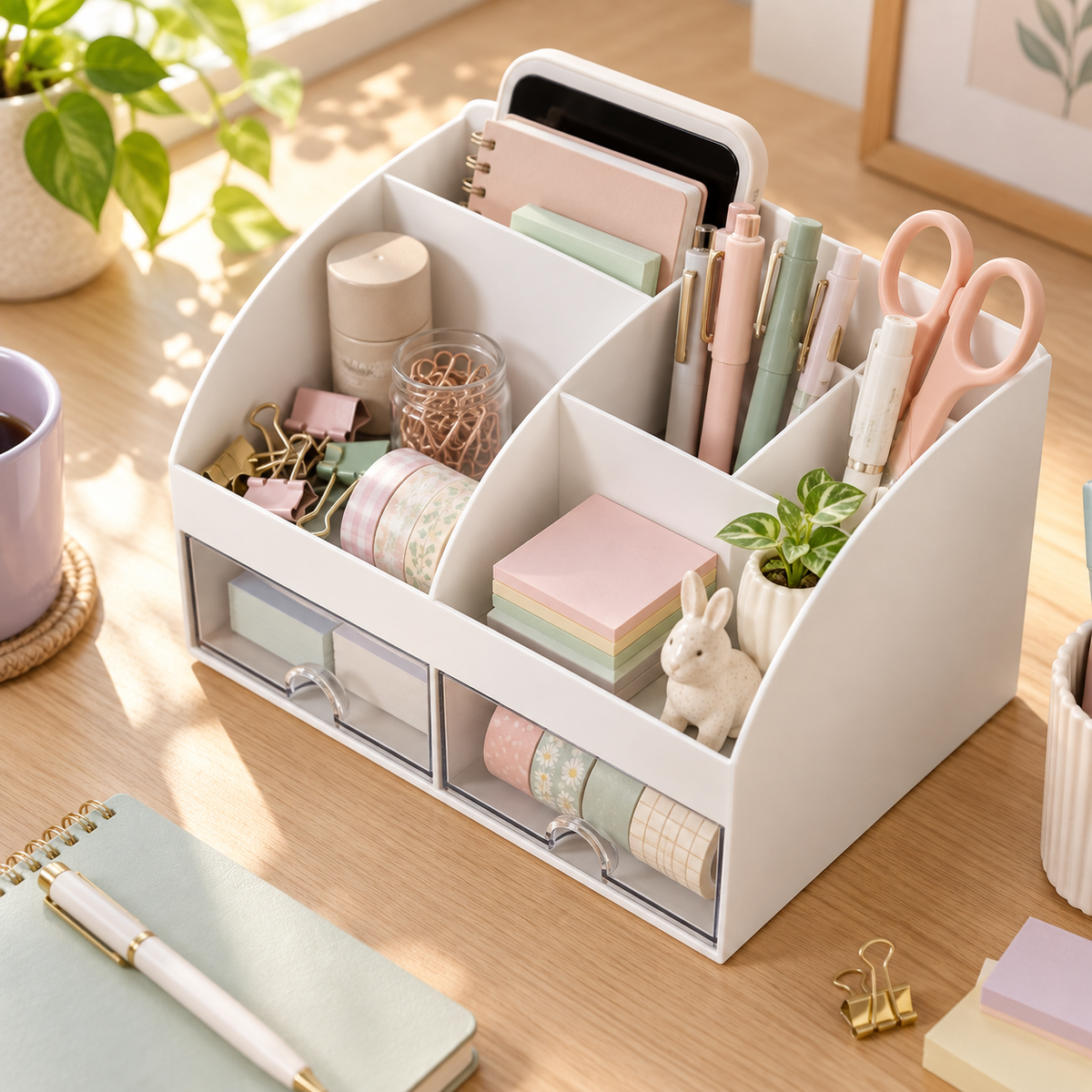 Desk Organizer With 6 Compartments And 2 Drawers