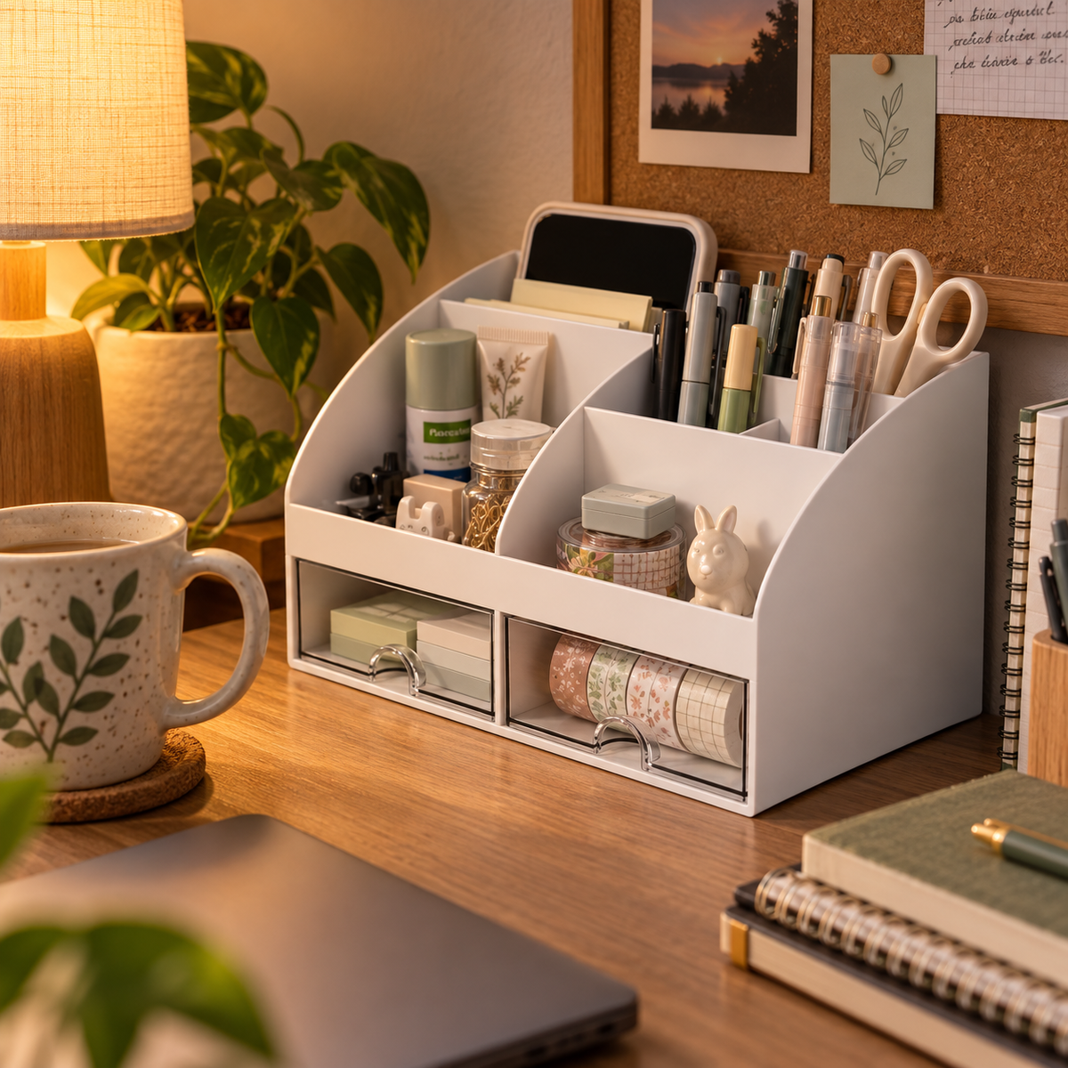 Desk Organizer With 6 Compartments And 2 Drawers